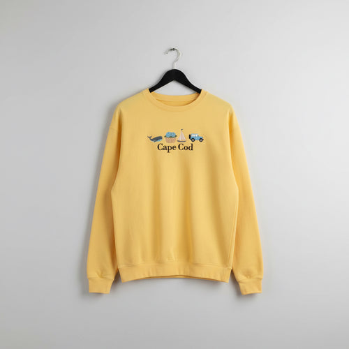 A yellow long-sleeve t-shirt with a 'Cape Cod' whale, clam, sailboat, and car graphic on the chest, hanging outdoors on a sunny day.