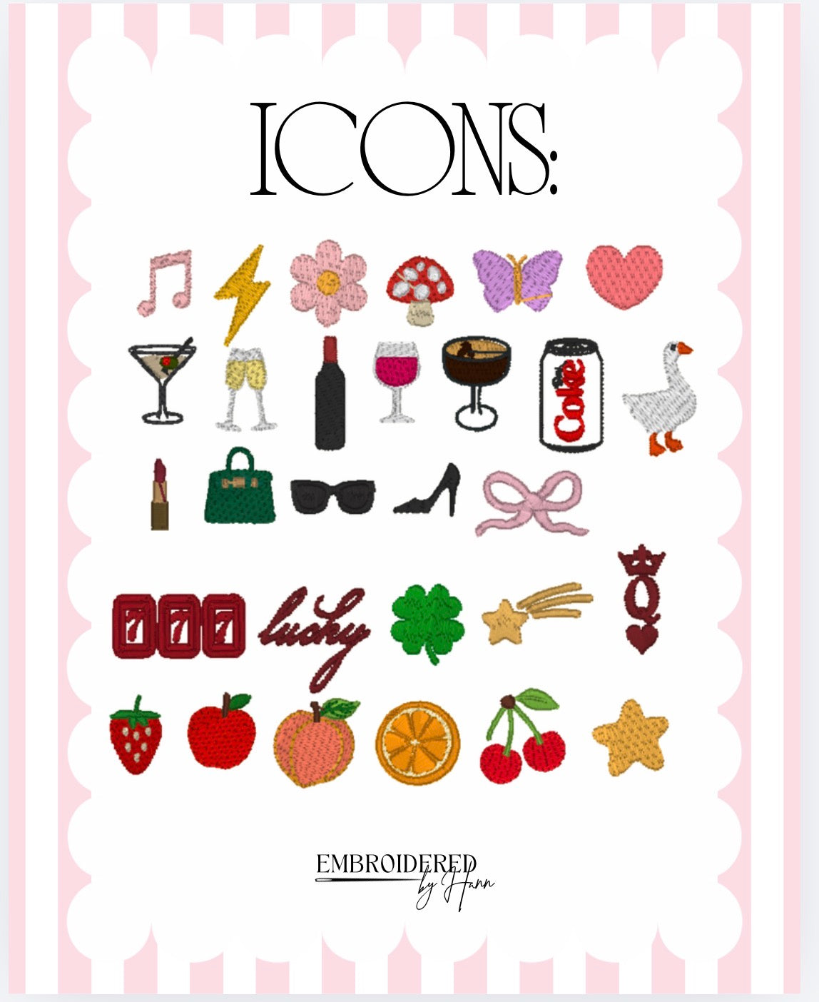 Collection of embroidered icons on a pink background with 'Embroidered by Hann' branding.