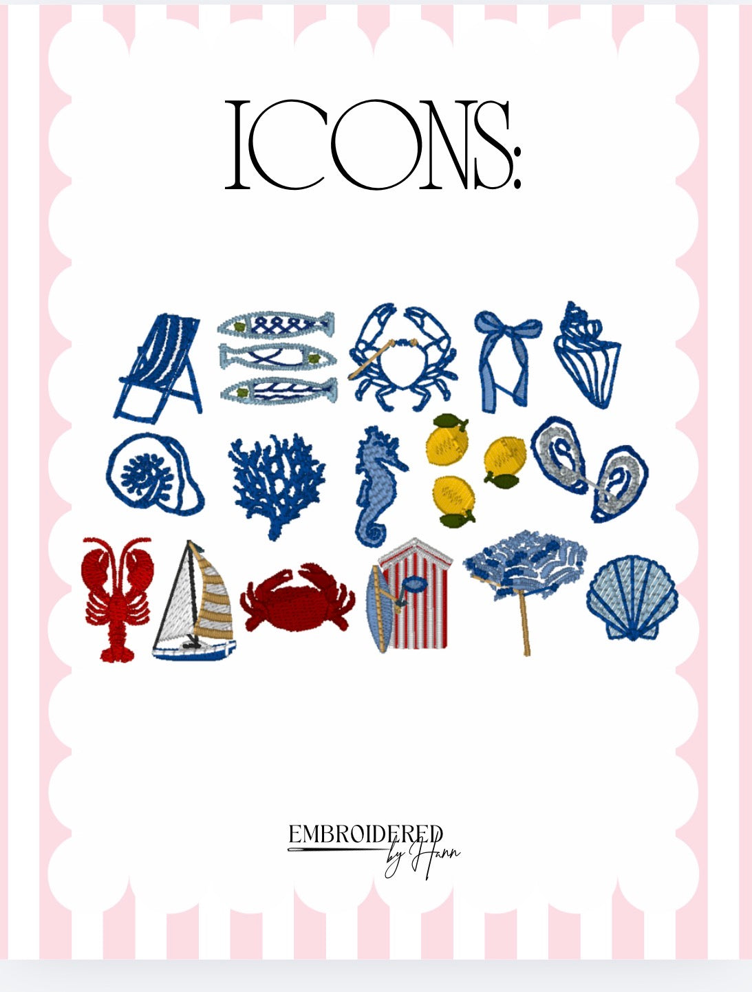 Collection of embroidered icons on a white background with pink border